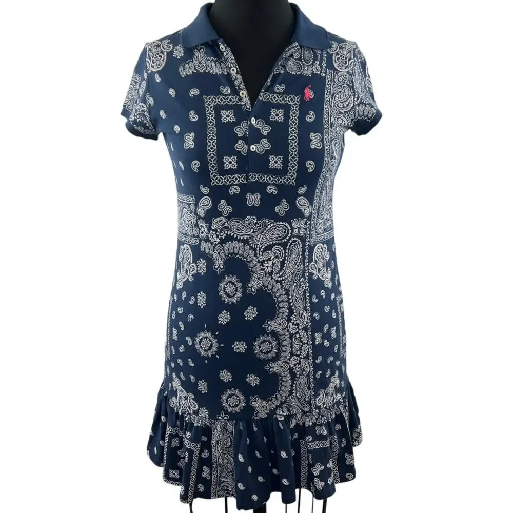 POLO RALPH LAUREN Blue White Cotton Bandana Print Short Sleeve Dress Girls XL